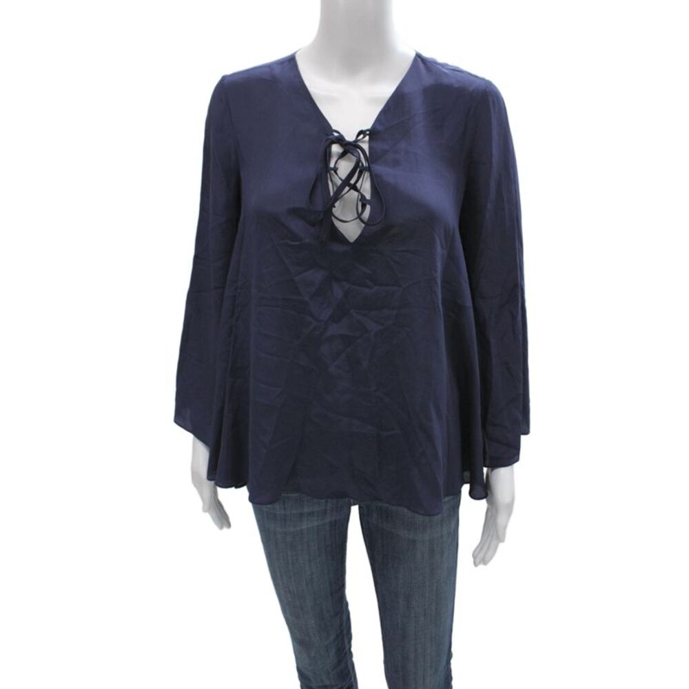 Allison Collection Women Tunic Blue Silk V-Neck Long Sleeve Lace Up Size XS